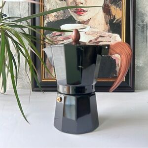 🌴6 Cup Black Espresso Moka Stovo Coffee Maker with Faux Wooden Handle